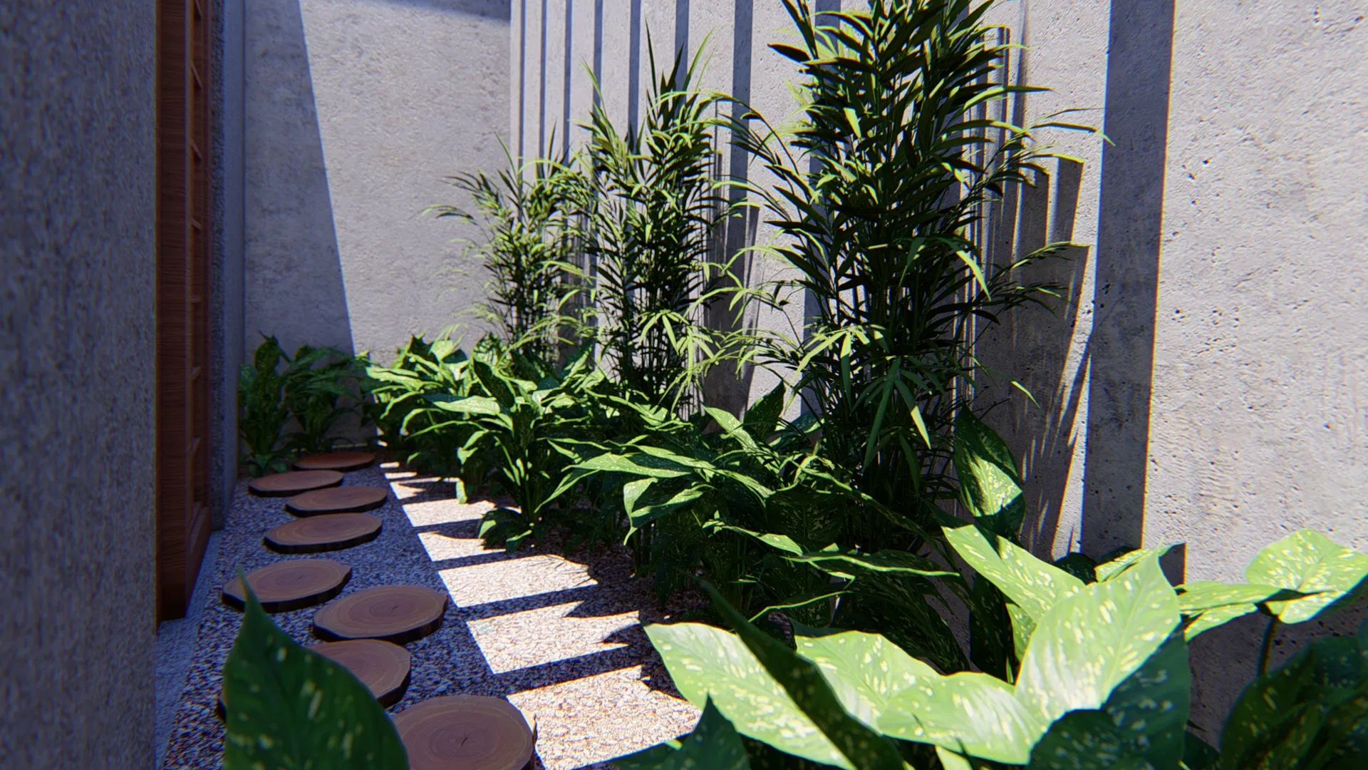 Jardim lateral estreito com folhagens verdes variadas e pedras redondas dispostas sobre cascalho junto à cerca