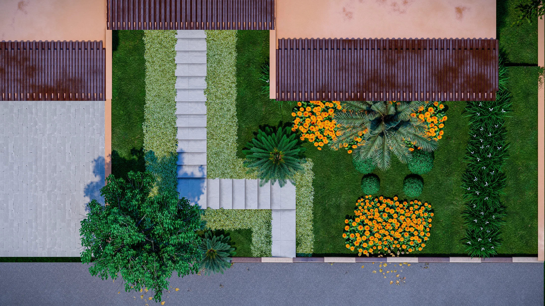 Planta de topo do jardim frontal, com caminho sinuoso de degraus, palmeira, renque de plantas colunares e manchas de flores amarelas.