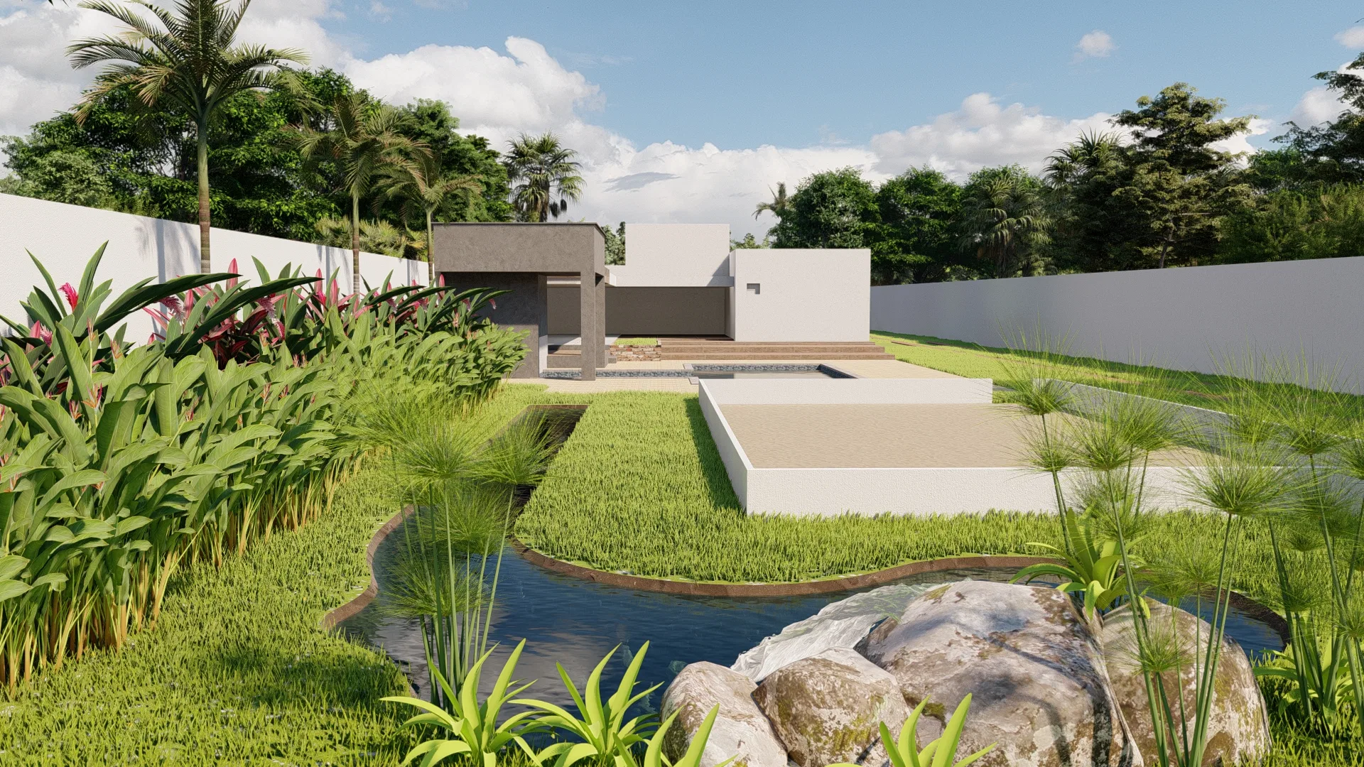 Pergolado escultural e decks rebaixados junto ao jardim, com lago de pedras e queda d'água em primeiro plano.