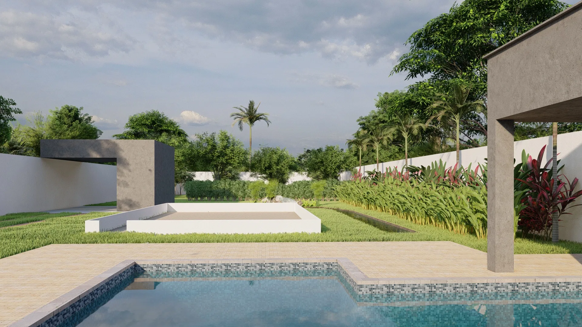 Piscina de bordas retas junto ao pergolado, com área de estar rebaixada, canteiro floral e palmeira isolada ao fundo.