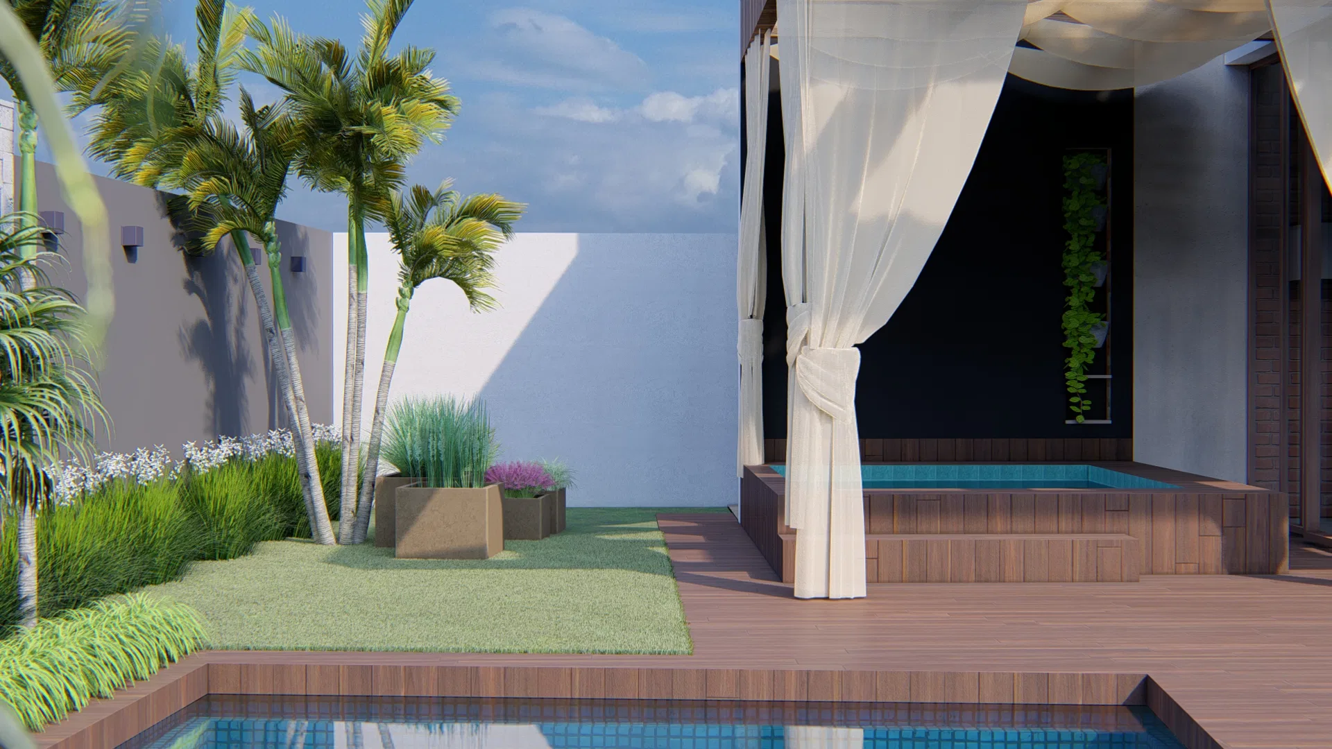 Área de piscina com palmeiras e floreiras de gramíneas, e uma pequena lâmina d'água junto a muro escuro com jardim vertical suspenso