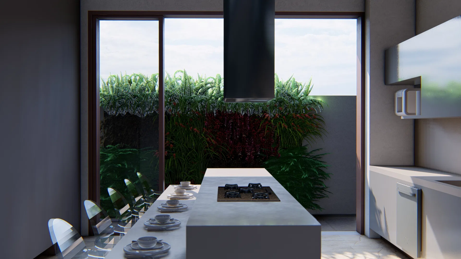 Cozinha com ilha central e cooktop, coifa preta e portas de vidro abrindo para um jardim vertical de samambaias e folhagens vermelhas