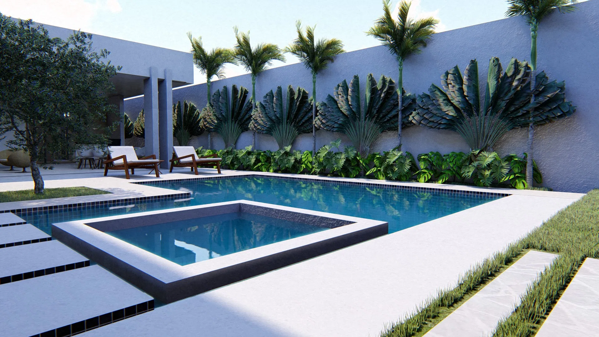 Piscina com spa quadrado integrado, fileira de palmeiras multitroncos junto ao muro e faixa de gramíneas à direita