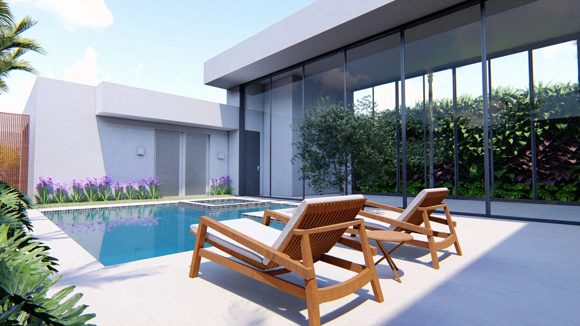 Deck de piscina com duas espreguiçadeiras de madeira, agapantos floridos na borda e parede de jardim vertical entre brises verticais