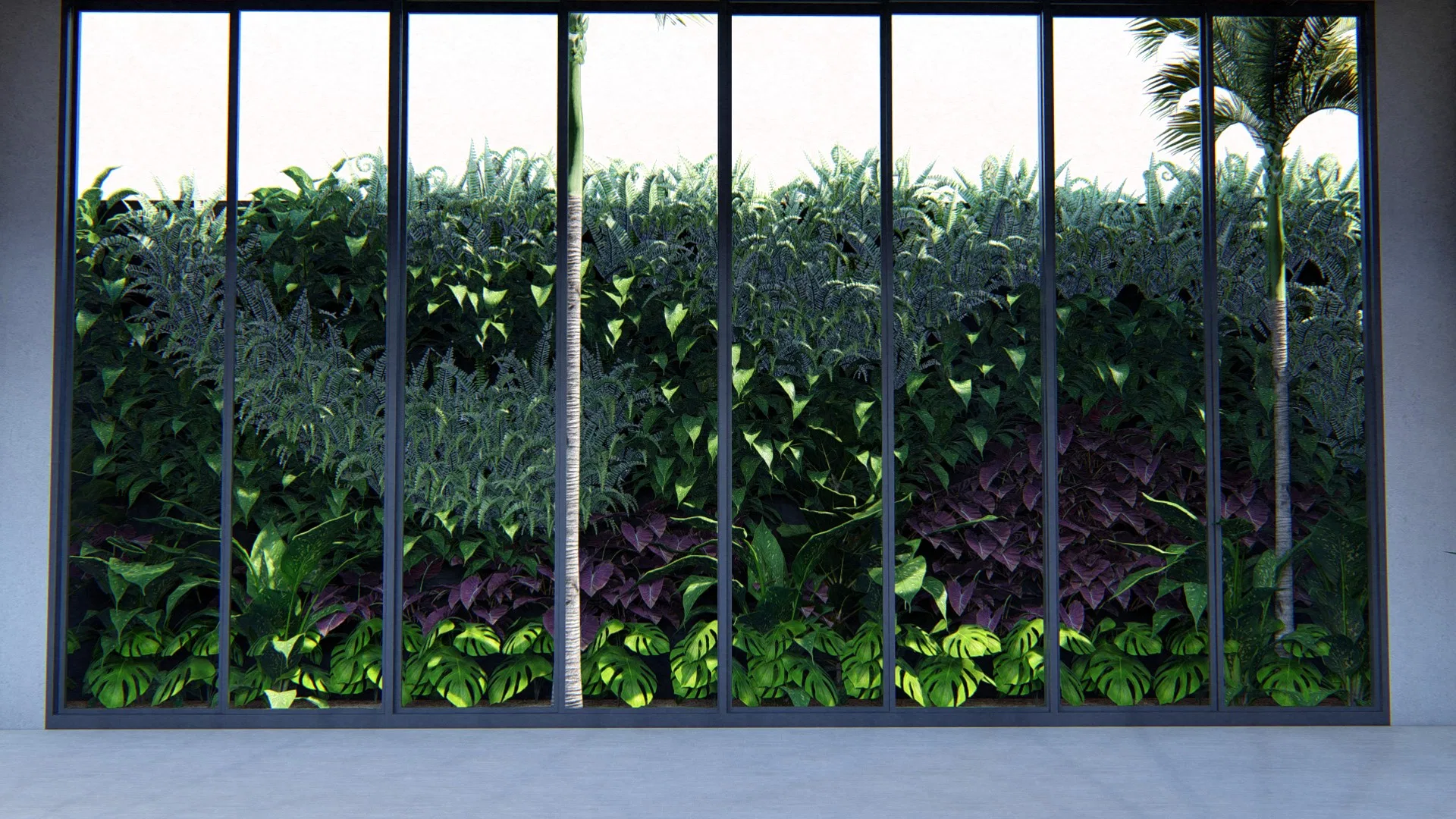 Painel de jardim vertical visto por trás das esquadrias, com samambaias, folhas recortadas e folhagem arroxeada em massa densa