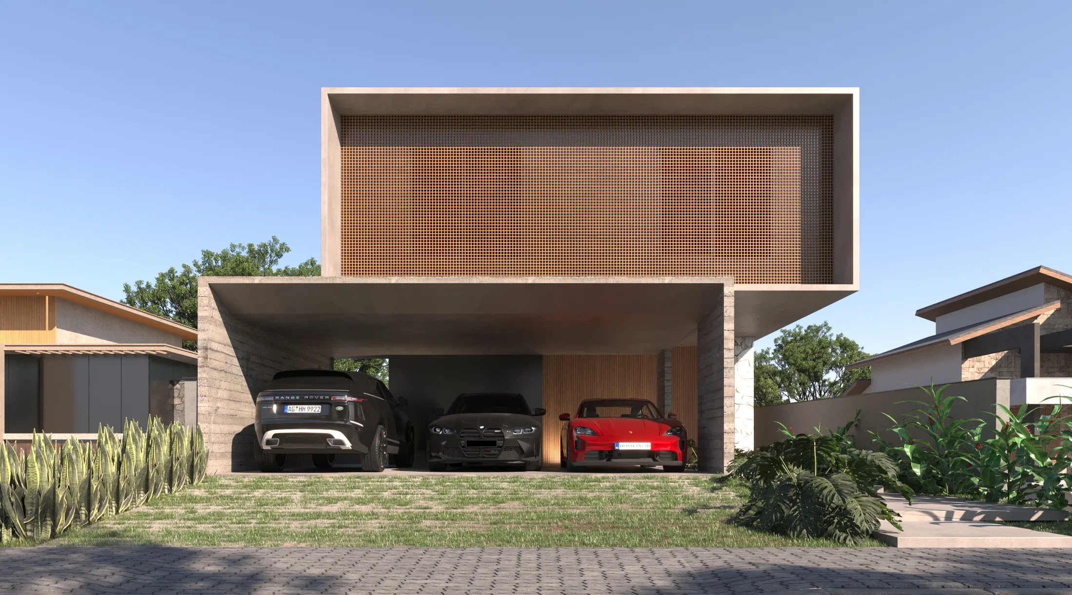 Fachada com painel vazado em madeira sobre o volume superior e carport coberto com carros estacionados no térreo