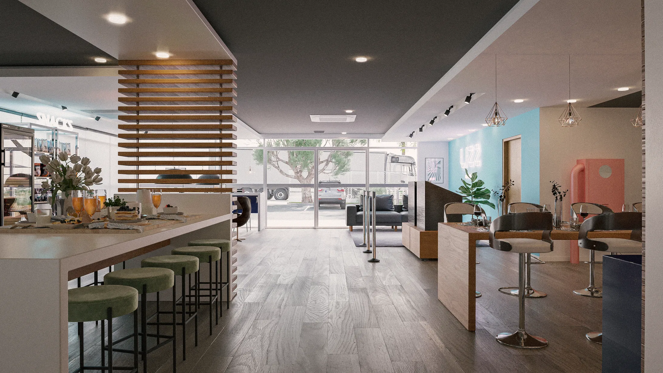 Café interno com balcão branco, banquetas de veludo verde e biombo de ripas de madeira, com área de espera e acentos coral e turquesa ao fundo