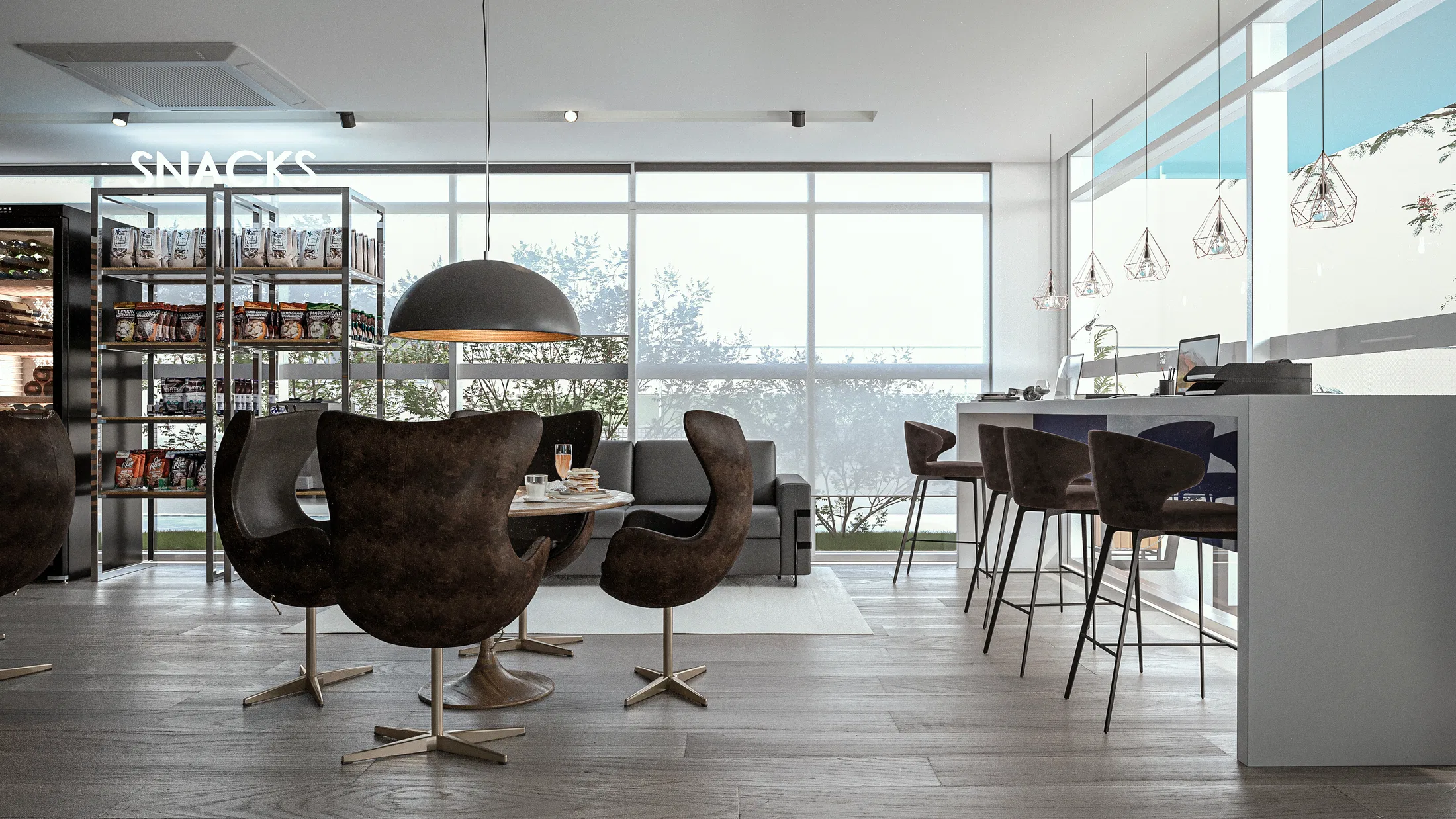 Snack bar com poltronas ovo de couro marrom em torno de mesa baixa, prateleira de produtos, pendente em cúpula e balcão com banquetas junto ao vidro