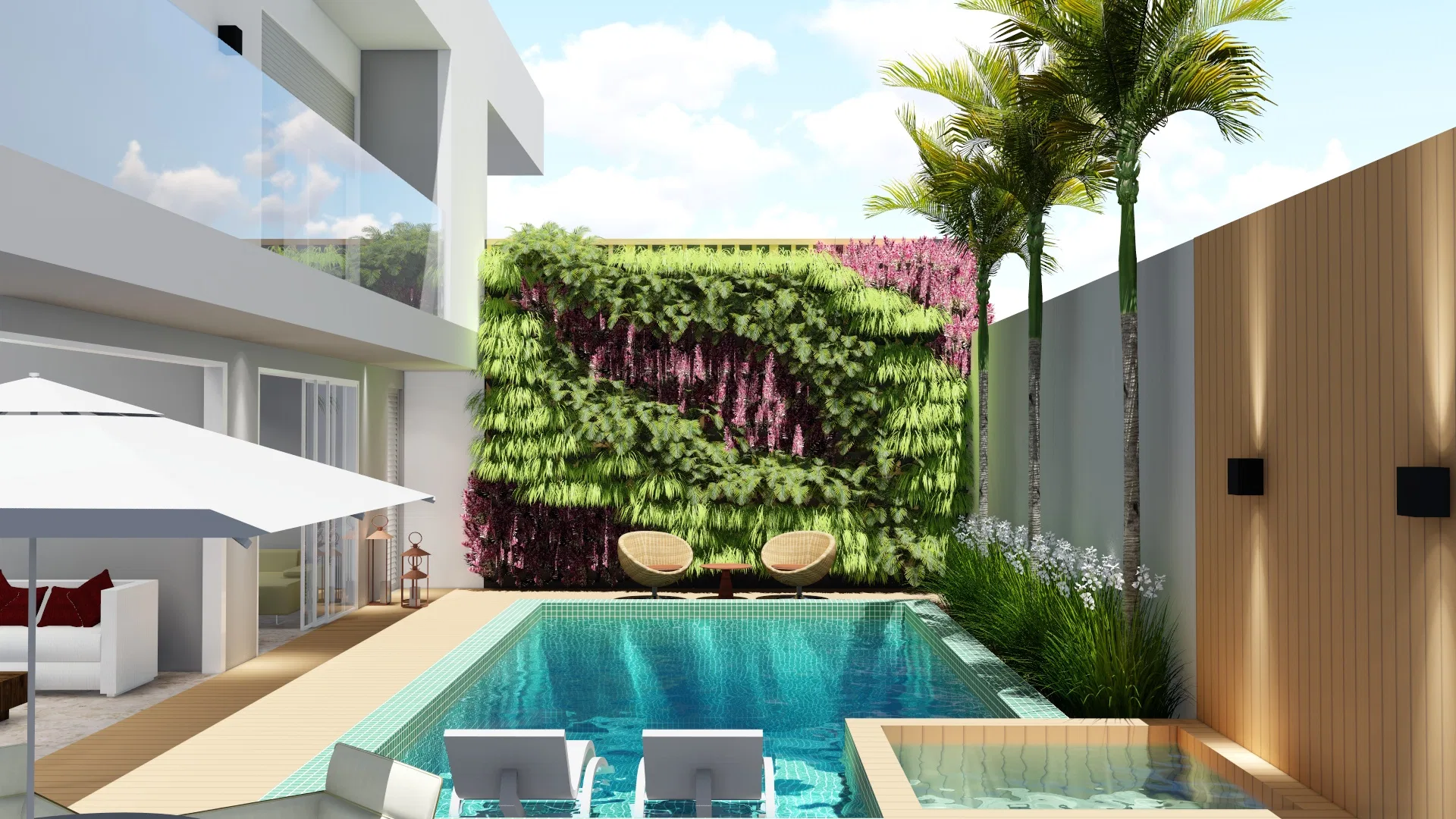 Piscina revestida de azul com prainha, espreguiçadeiras rasas e um jardim vertical em verde e magenta ao fundo, entre guarda-sol e poltronas de fibra