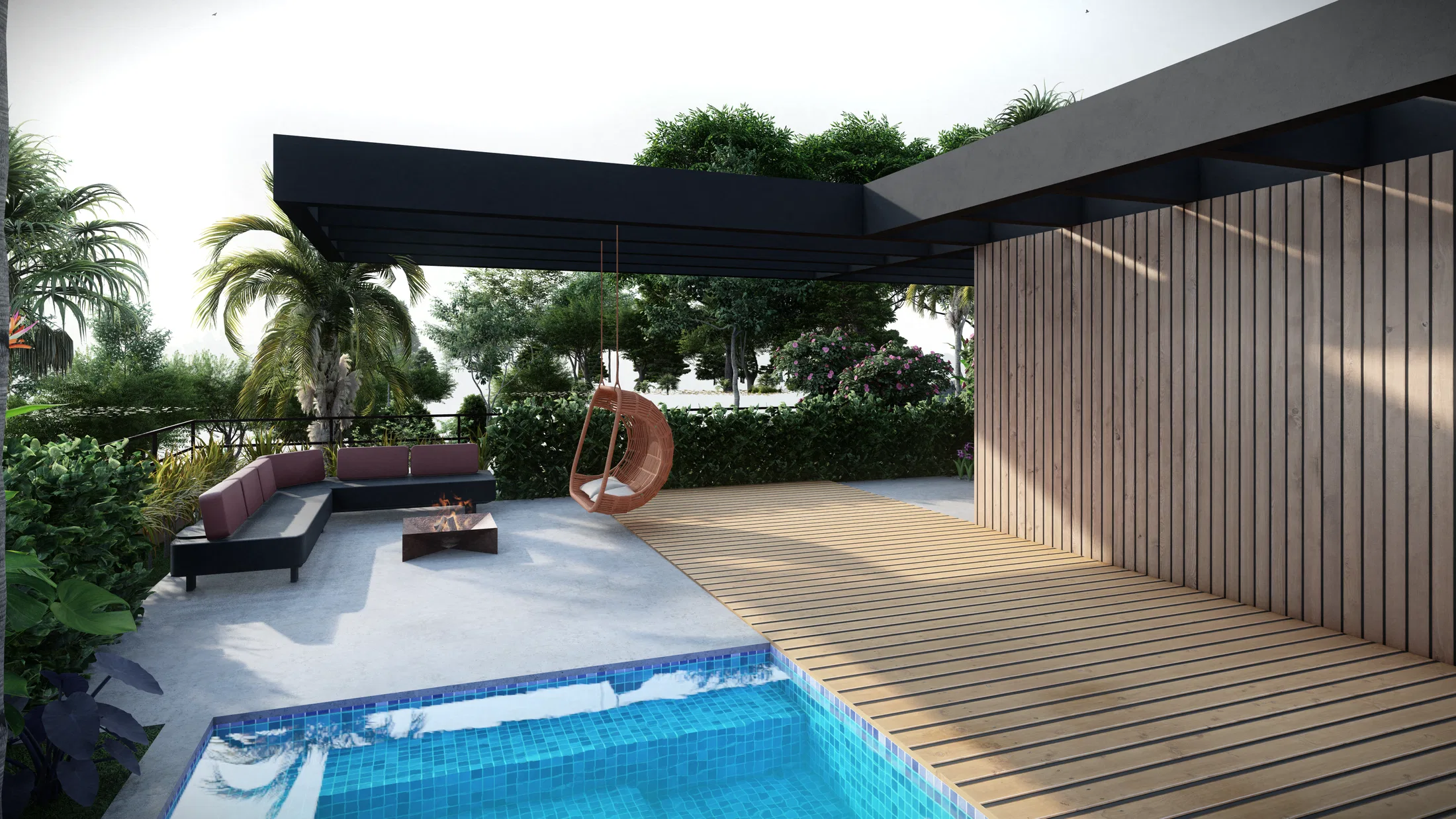 Deck de estar com sofá modular, fogueira central e cadeira suspensa sob pérgola, piscina em primeiro plano