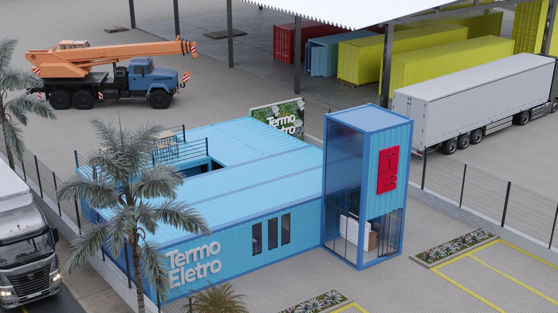 Enquadramento aéreo do complexo com o edifício de containers azuis, torre de acesso, guindaste e caminhões, containers empilhados coloridos e docas cobertas ao redor