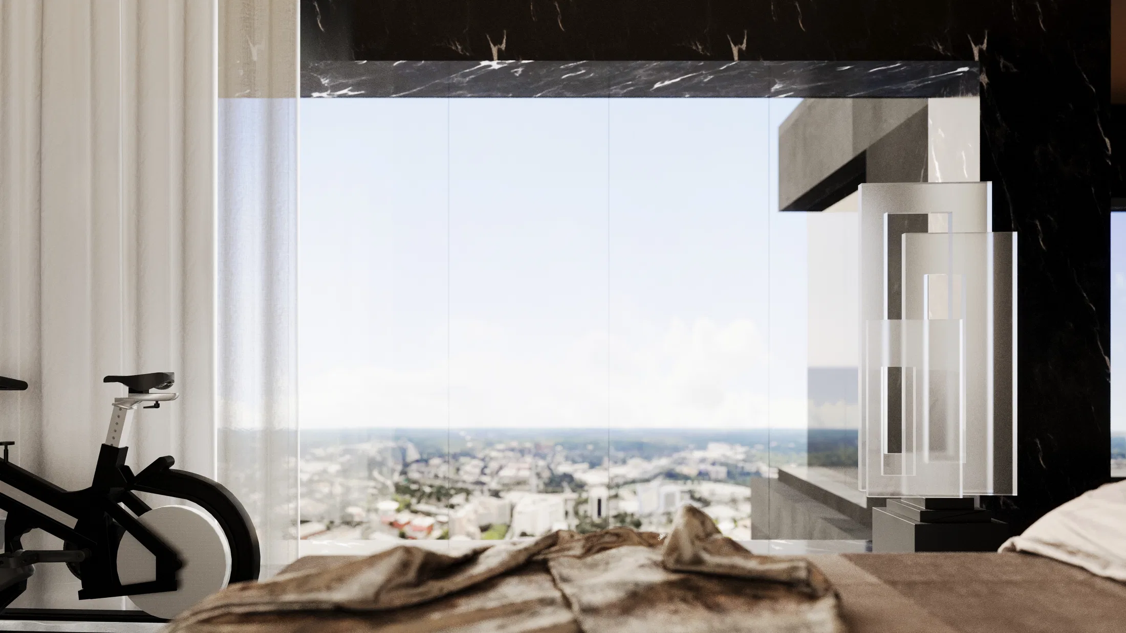 Quarto voltado para janela panorâmica, com bicicleta ergométrica, roupa de cama clara e vista da cidade sob o céu aberto.