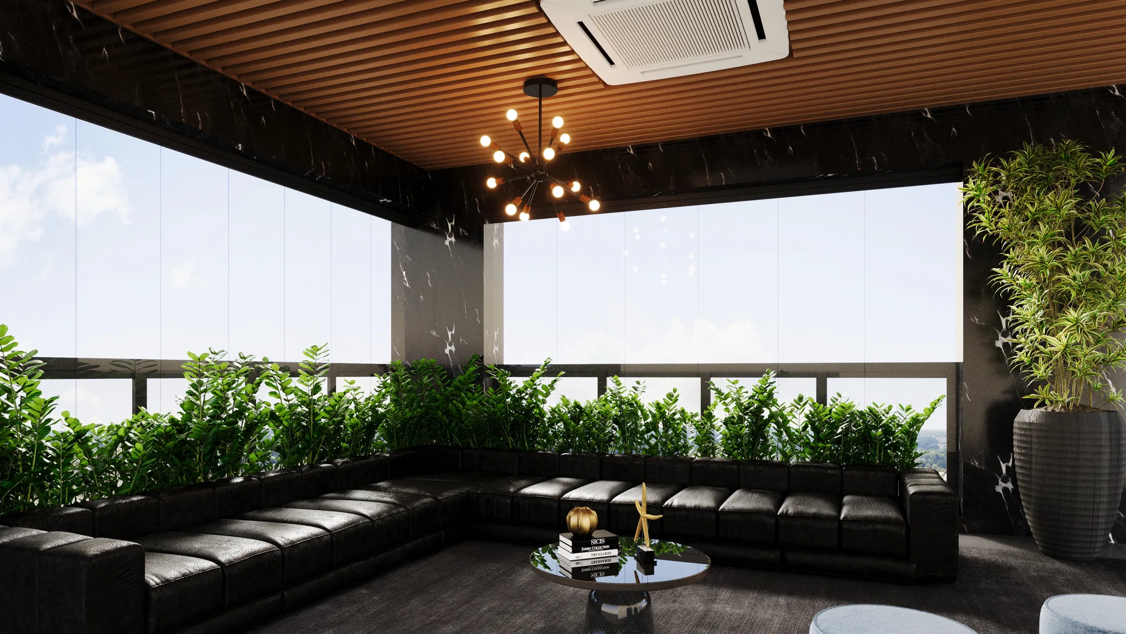 Sala de estar com sofá modular de couro preto, mesa de centro redonda, canteiro de folhagem e mármore escuro nas paredes.