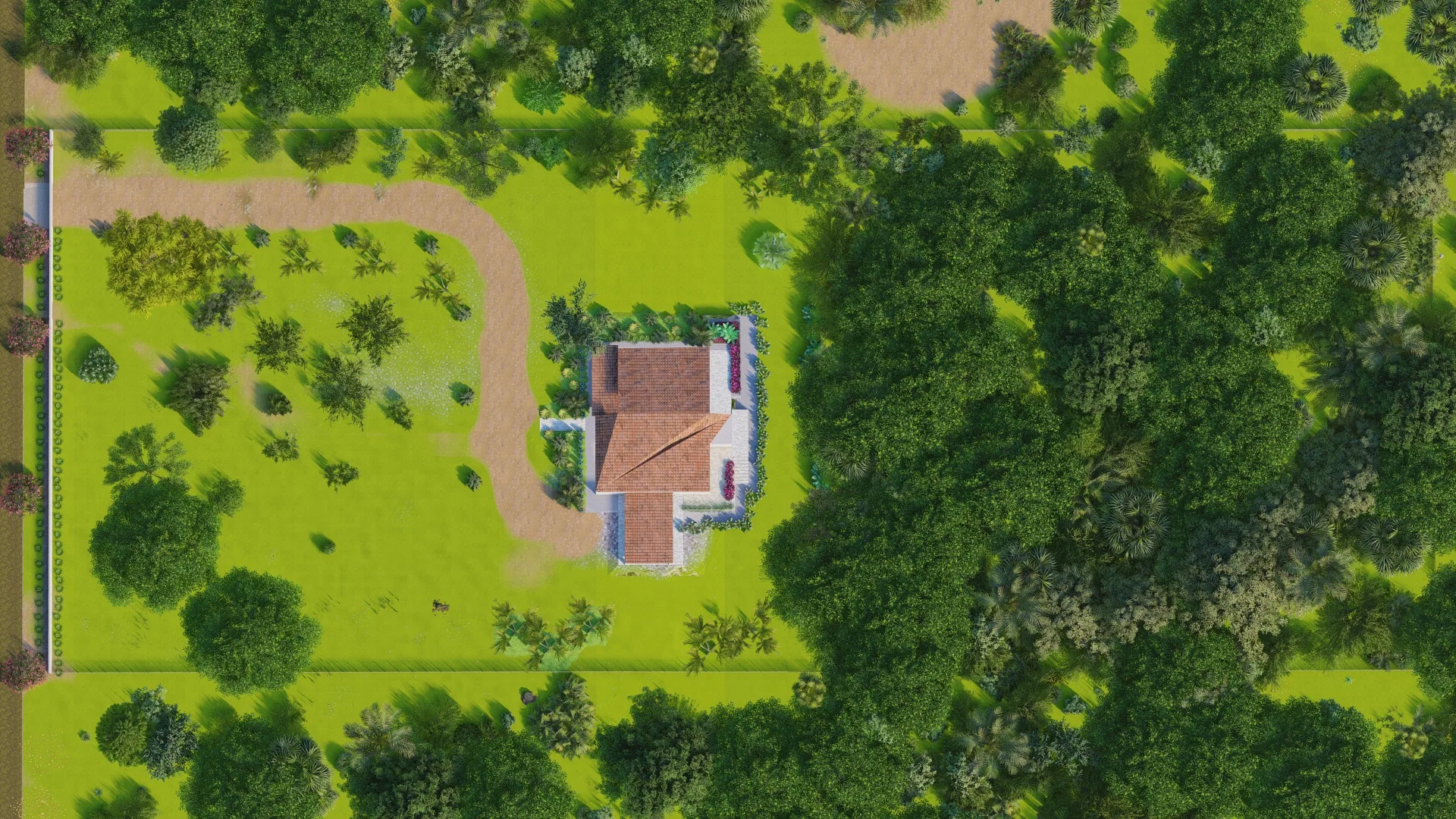 Vista de topo do sítio inteiro, com a casa ao centro, acesso de terra sinuoso, gramado aberto e mata densa ocupando a lateral do terreno