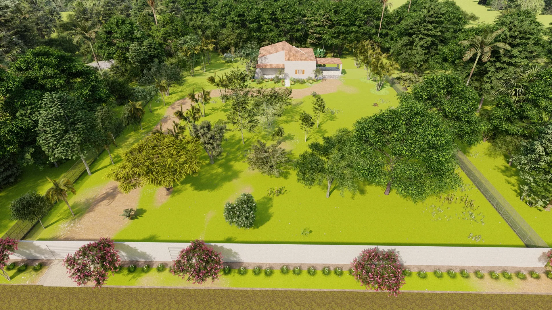 Vista aérea do terreno murado, com renques de arbustos floridos ao longo do muro frontal e amplo gramado pontuado por árvores até a casa ao fundo