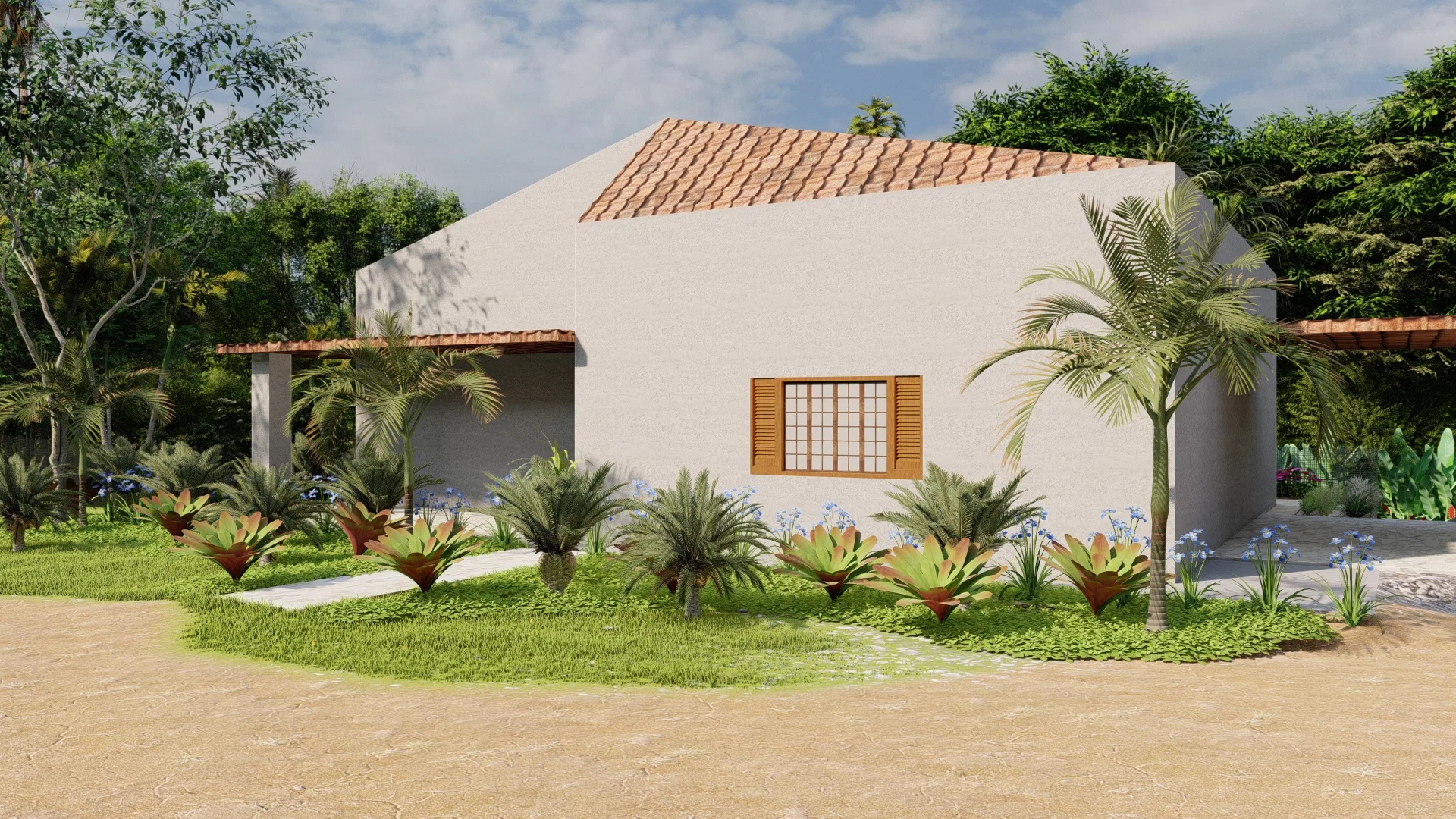 Fachada branca da casa de campo com telha cerâmica e janela de madeira, jardim de entrada com palmeira, cicas, bromélias e agapantos