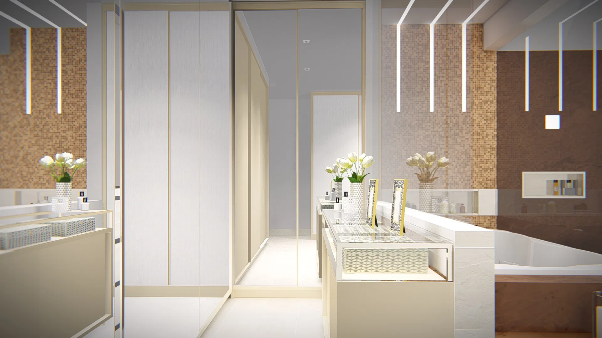 Hall de acesso com armário planejado de portas espelhadas, bancada com vasos de flores e vitrine de joias iluminada