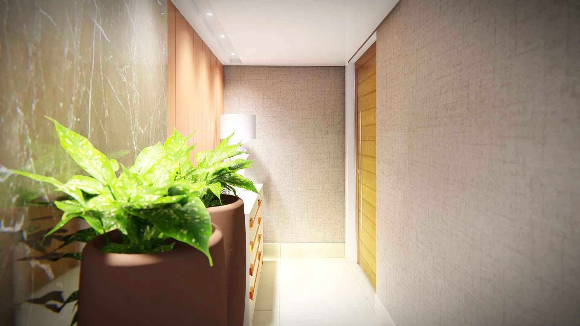 Corredor de circulação com plantas em vasos, cômoda de madeira, arandela de parede e porta de madeira ripada ao fundo