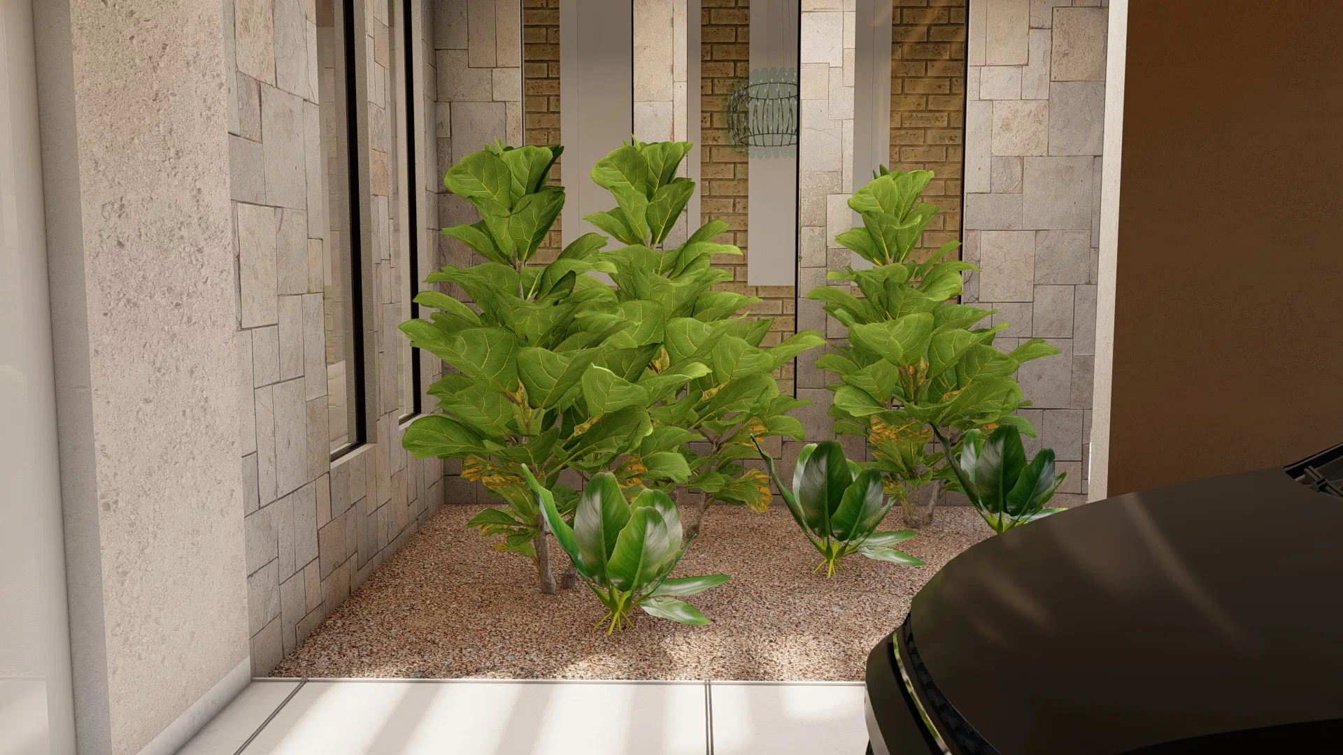 Nicho interno revestido em pedra e tijolo, com figueiras-lira plantadas sobre brita clara e um carro escuro estacionado ao lado.
