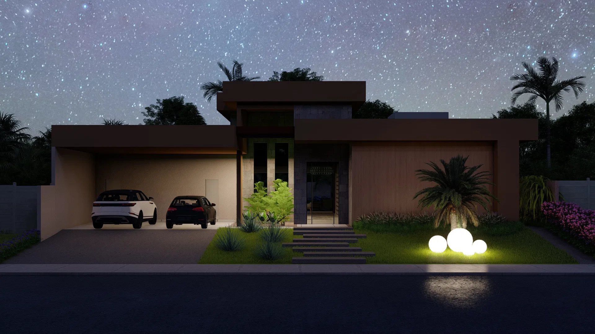 Fachada iluminada à noite sob céu estrelado, com luminárias esféricas acesas no jardim e interior aquecido pela luz.