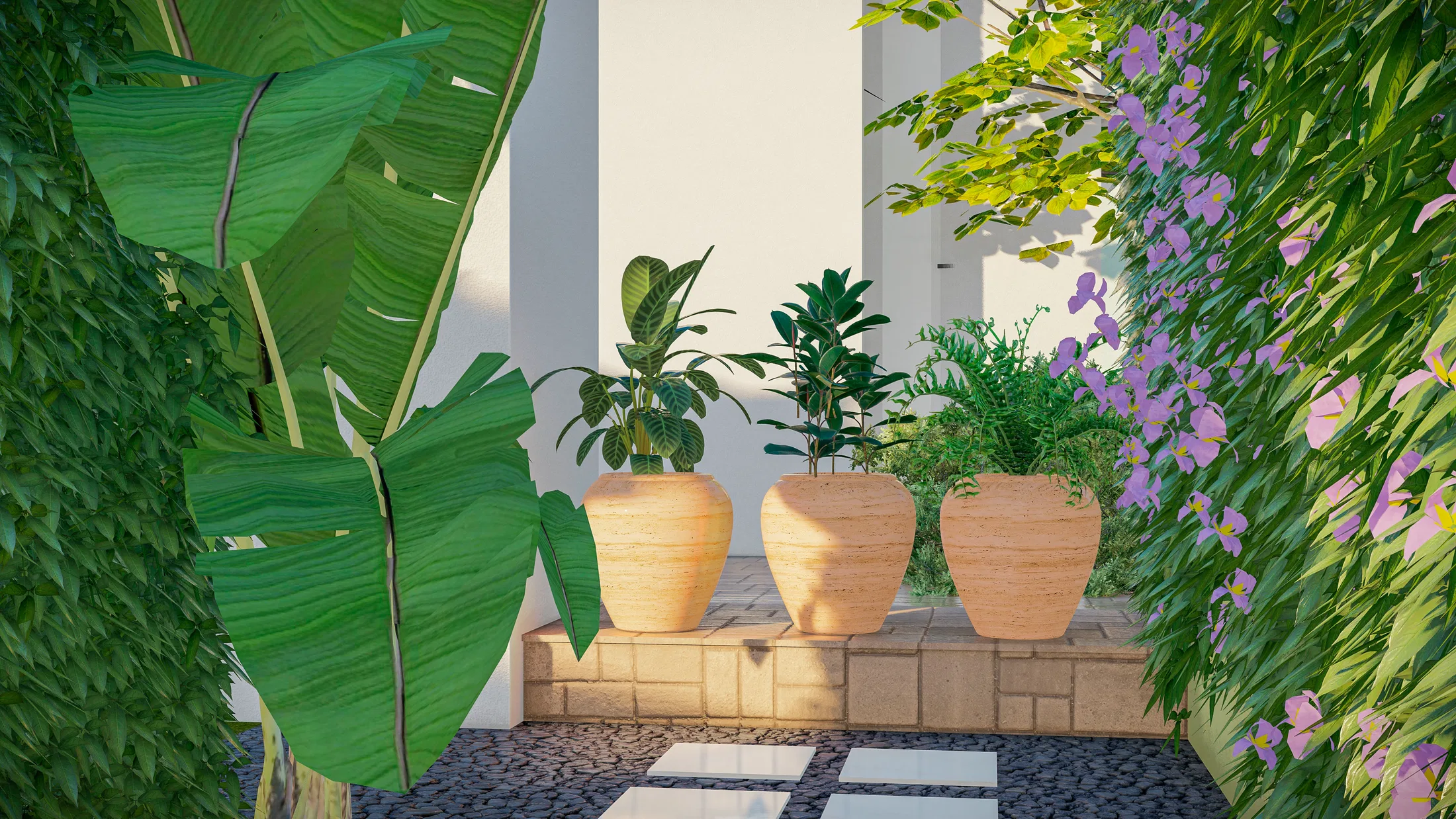 Recanto com três vasos de terracota com folhagens variadas e flor trepadeira rosa na parede de hera