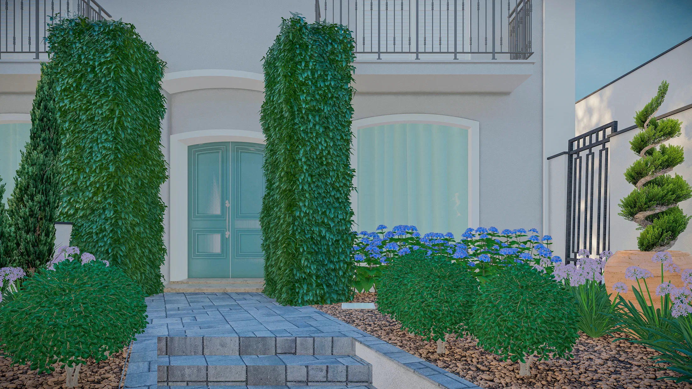 Entrada da casa com colunas cobertas de hera, porta dupla azul-petróleo e canteiro de hortênsias floridas