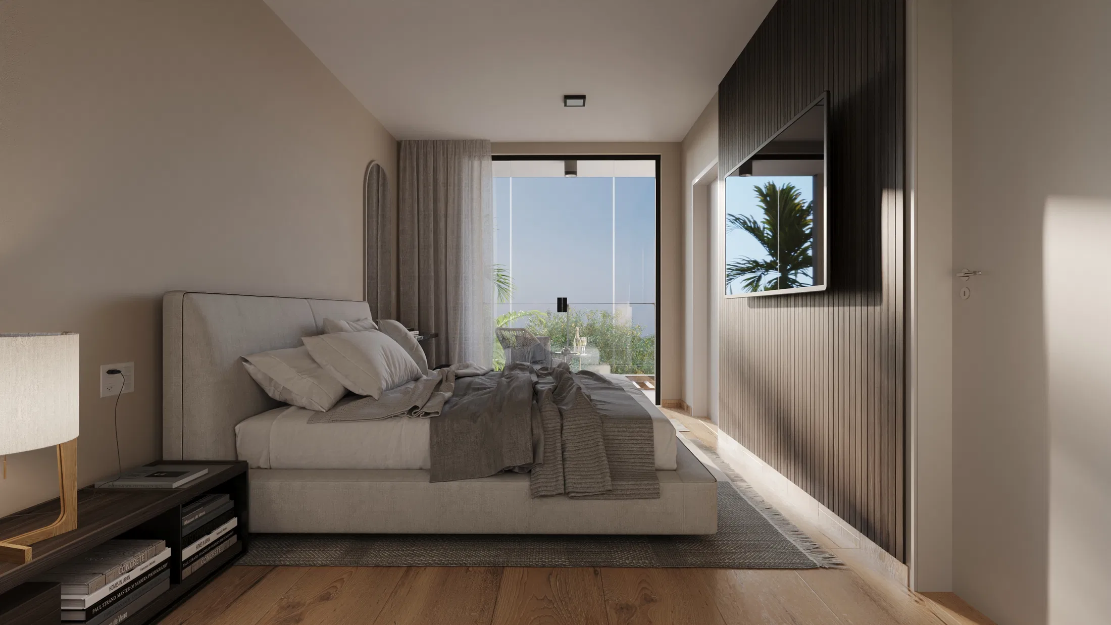 Suíte master com cabeceira estofada, painel ripado escuro e porta de vidro para varanda com vista de vegetação