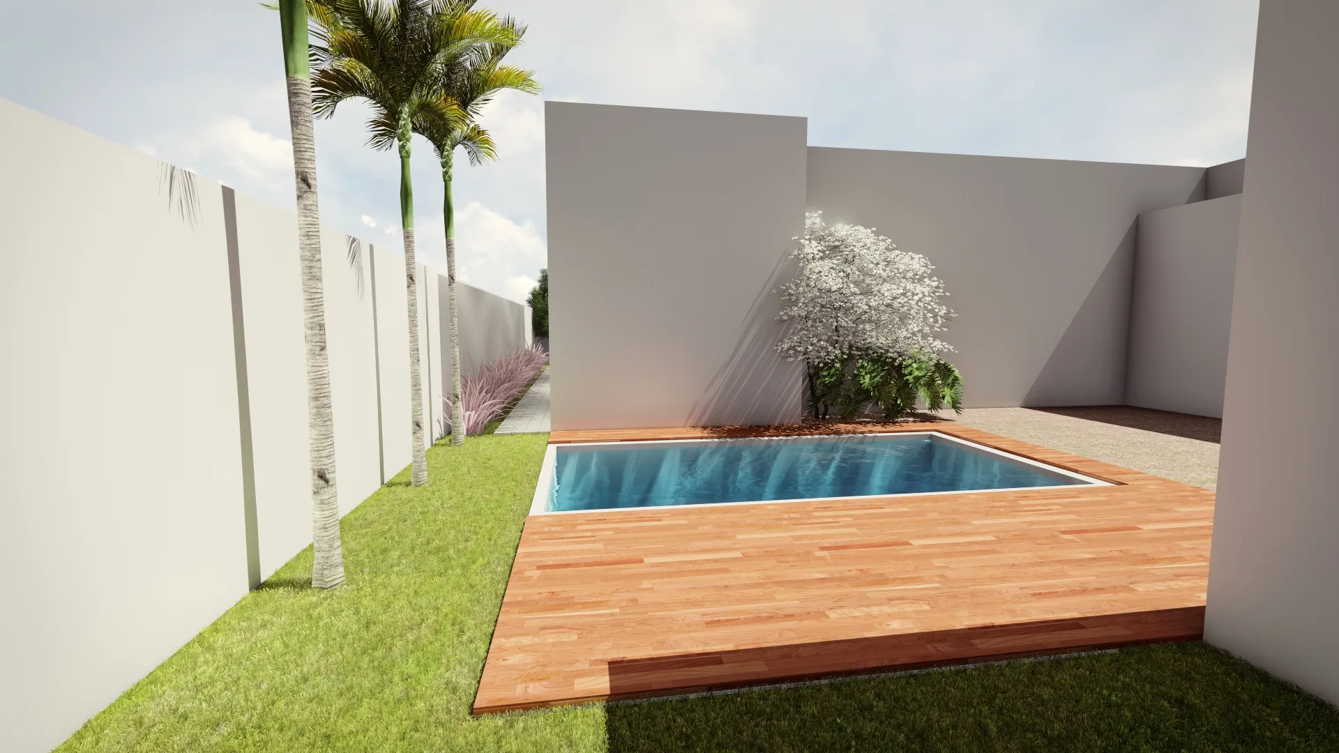 Pátio com piscina quadrada e deck de madeira, palmeiras junto ao muro branco e arbusto de floração branca em canteiro elevado