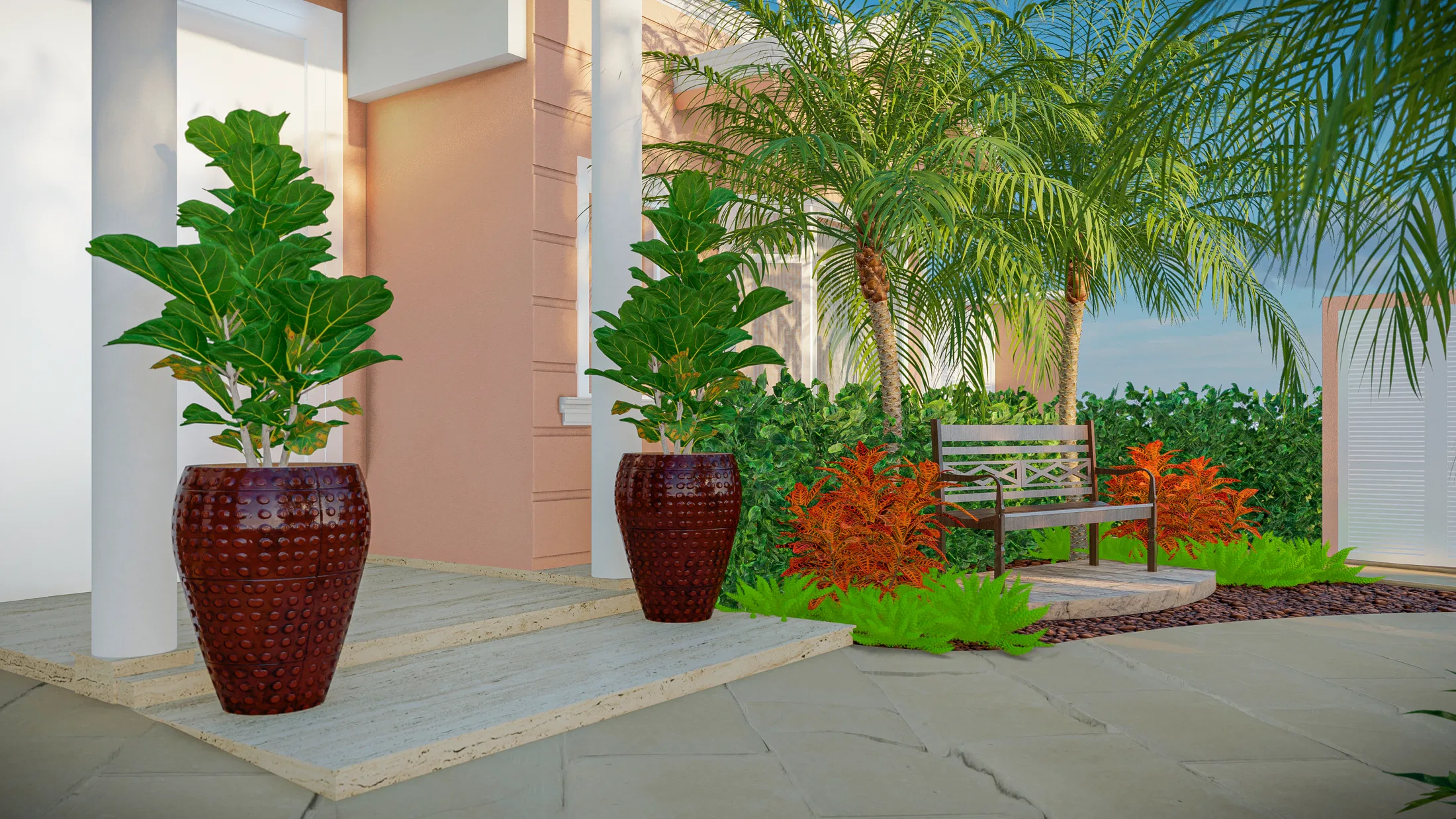 Vasos ornamentais em terracota com folhagem verde na entrada da casa, ao lado de banco de madeira e palmeiras