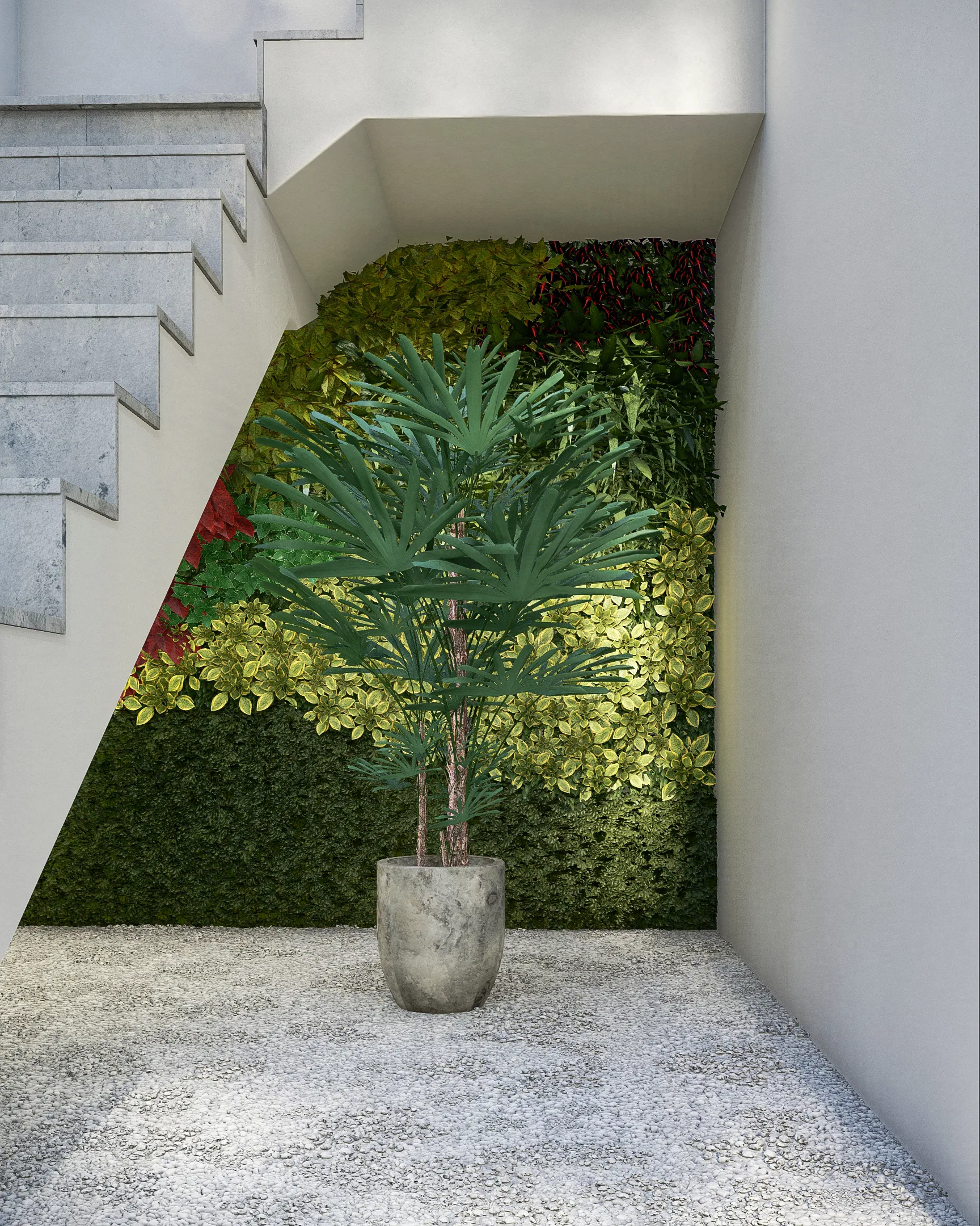 Nicho sob a escada com jardim vertical e vaso grande com palmeira, iluminado por spot embutido