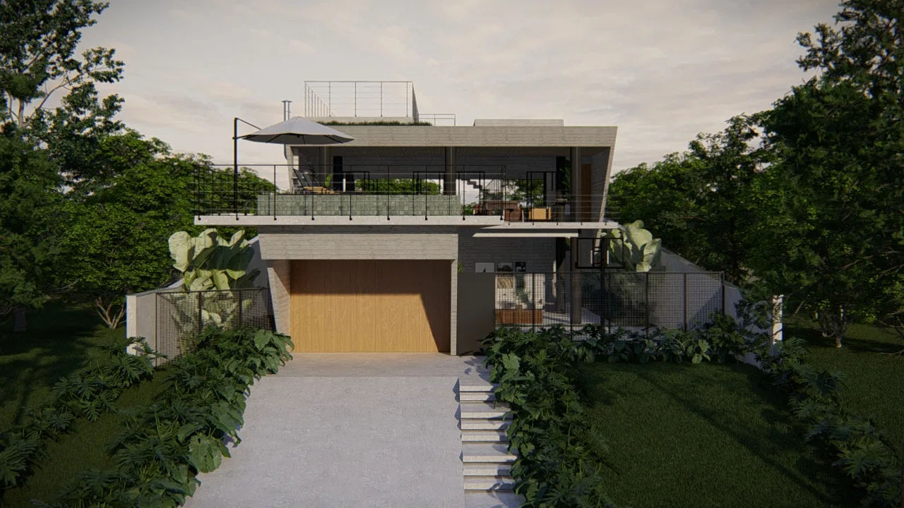 Fachada frontal da residência em concreto e alvenaria, com portão de garagem em madeira e terraço superior visível ao fundo
