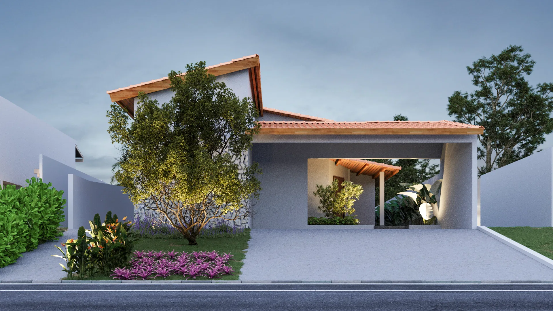 Fachada residencial ao entardecer com árvore ornamental iluminada, canteiro de flores roxas e acesso coberto à garagem