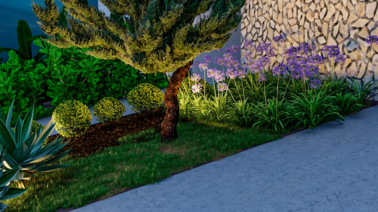 Detalhe de canteiro noturno com árvore de tronco grosso, arbustos podados e flores lilás junto à parede de pedra