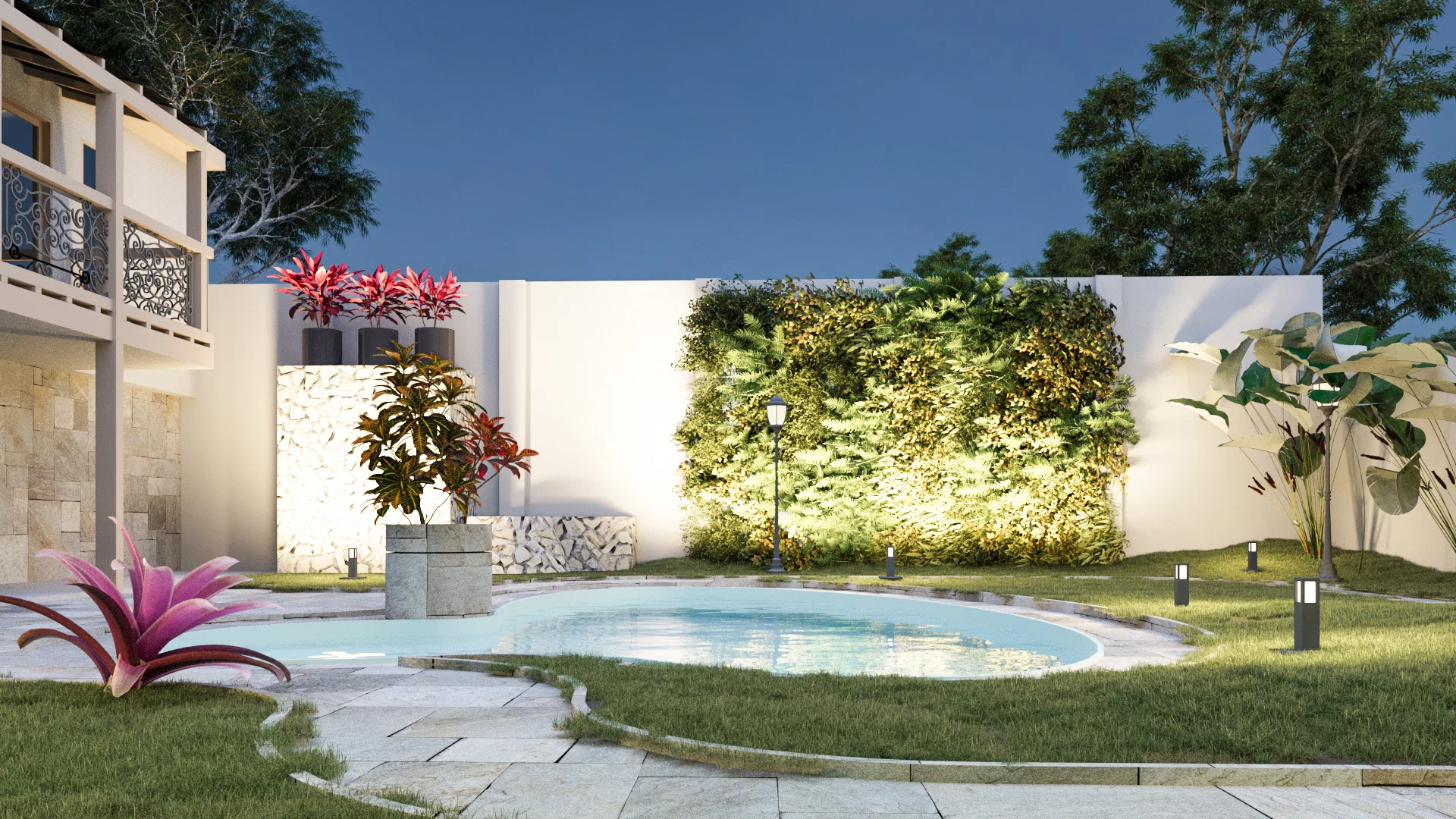 Piscina de quintal ao entardecer com jardim vertical iluminado sobre o muro e vasos com folhagem vermelha na lateral