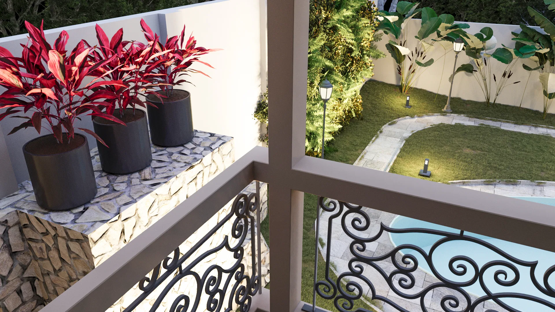 Vista de sacada superior com vasos de plantas vermelhas sobre parede de pedra, grade de ferro e vista para piscina e jardim