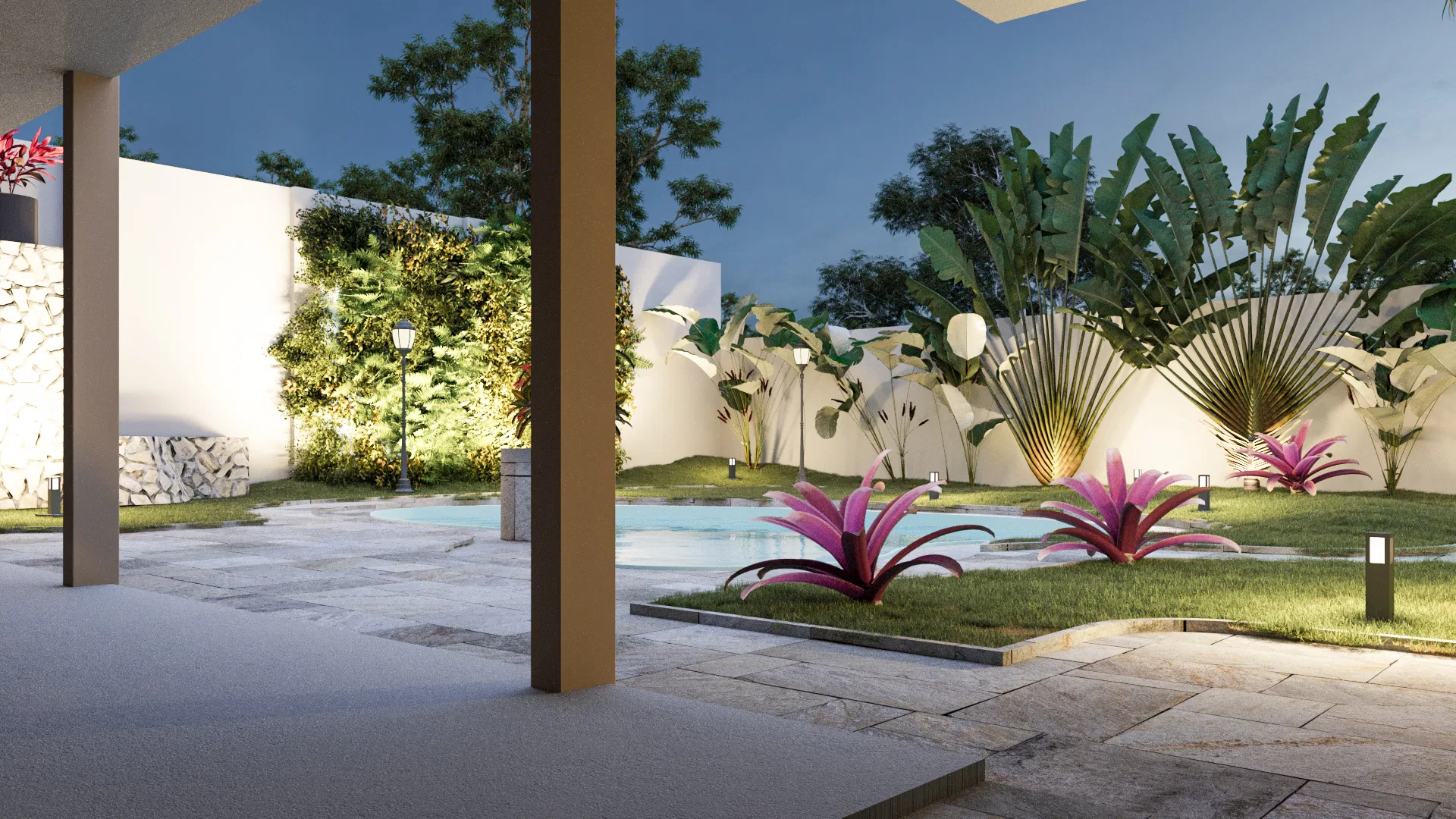 Quintal noturno com piscina, canteiros de plantas tropicais rosadas e muro claro com jardim vertical ao fundo