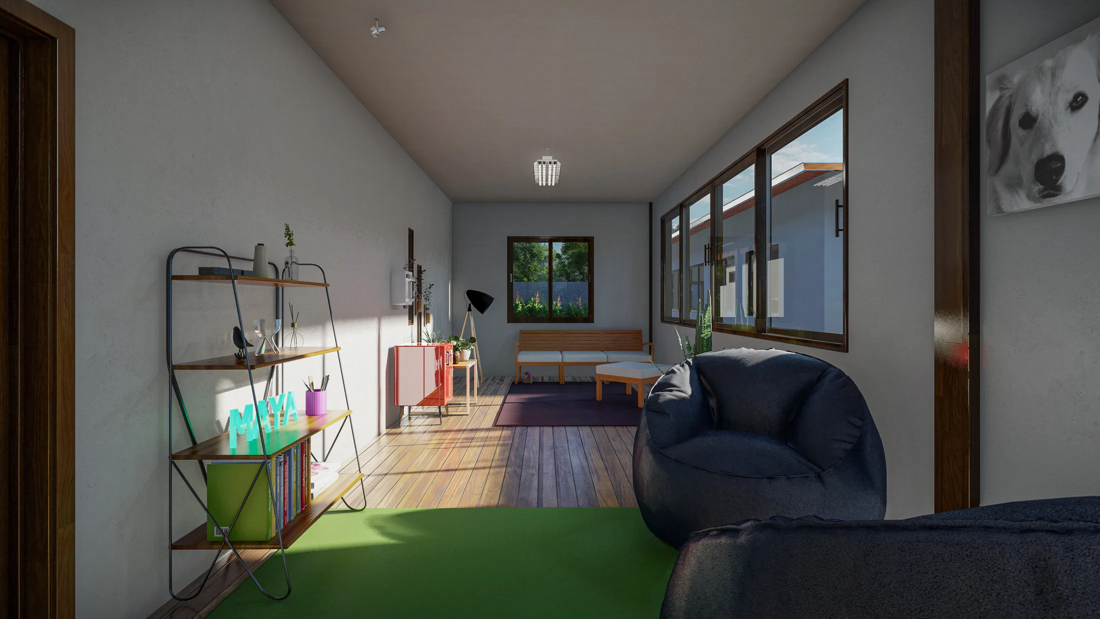 Sala de estar clara com tapete verde, estante metálica com plantas e livros, pufe escuro e janelas voltadas para o jardim.