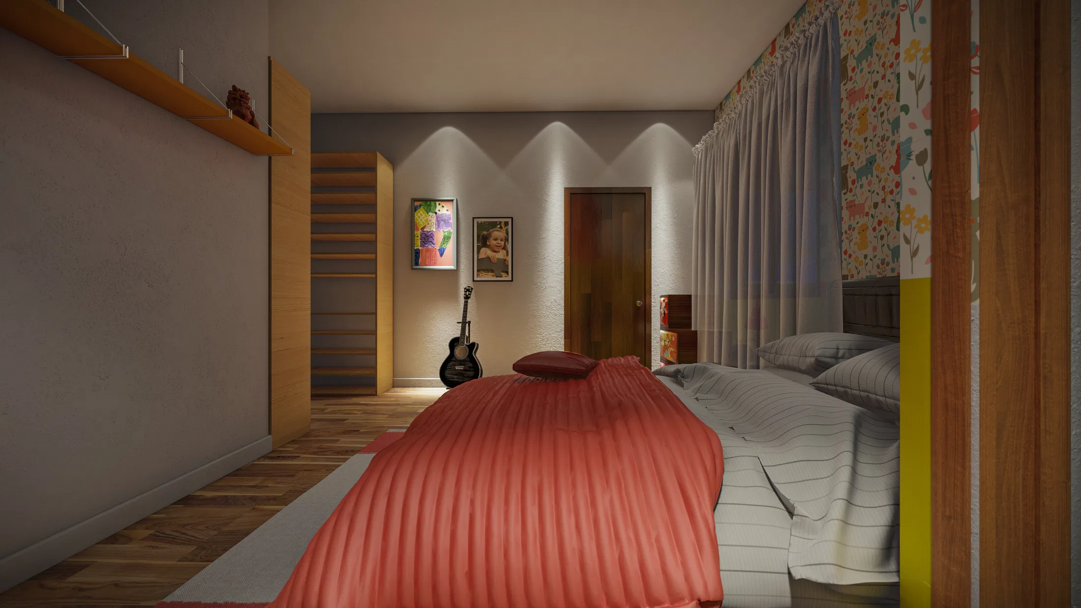 Quarto com iluminação quente, colcha coral sobre a cama, piso de madeira, guarda-roupa e um violão apoiado na parede.