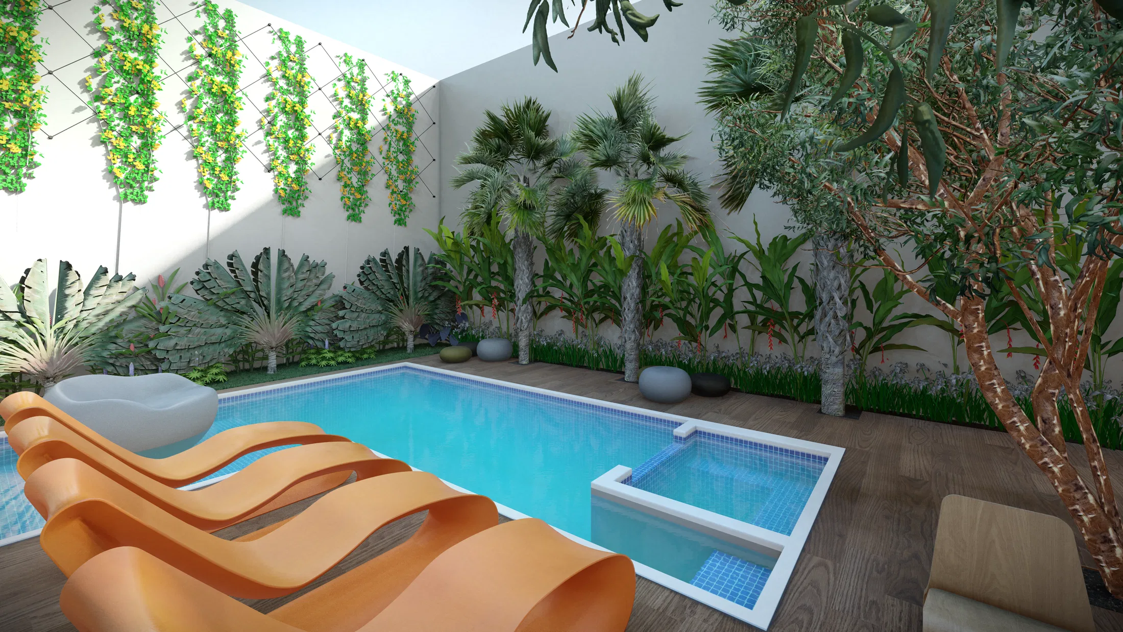Pátio de piscina fechado por muro com jardim vertical em treliça, palmeiras e espreguiçadeiras laranja no deck de madeira