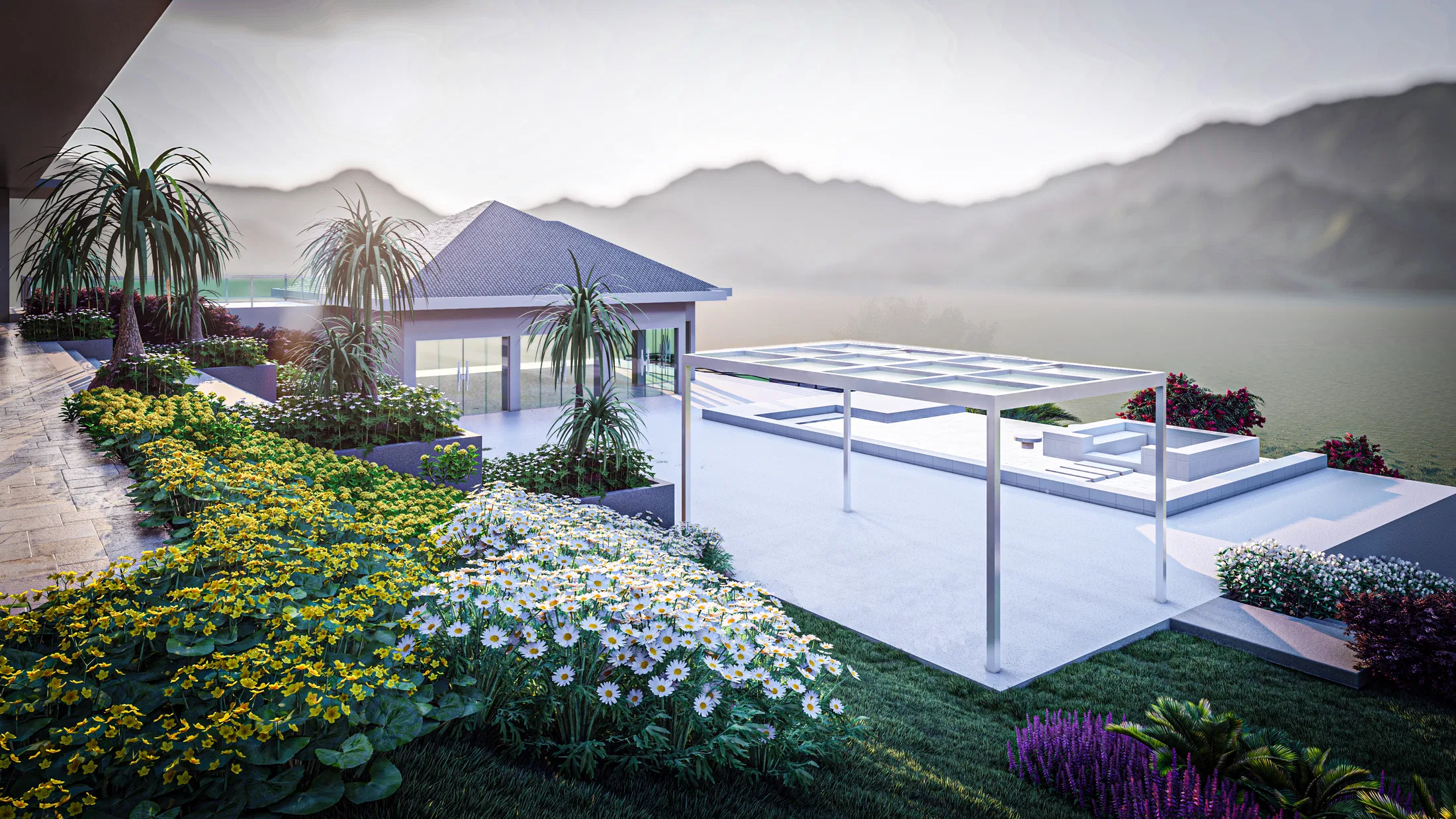 Terraço panorâmico com pergolado branco sobre área de estar, canteiros de flores amarelas e brancas e deck aberto para o vale e as montanhas