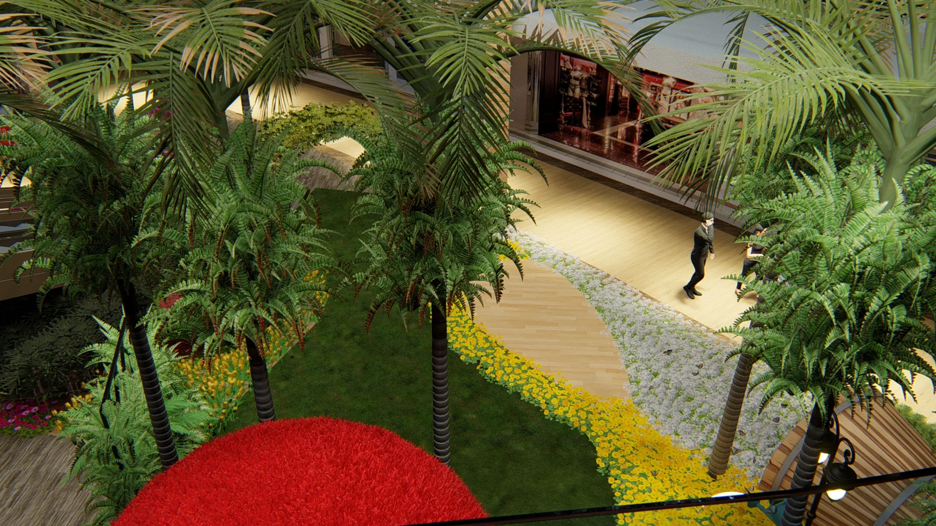 Vista de cima sobre o jardim interno com palmeiras, caminho sinuoso de seixos brancos e flores amarelas, gramado e uma pessoa cruzando o piso de madeira