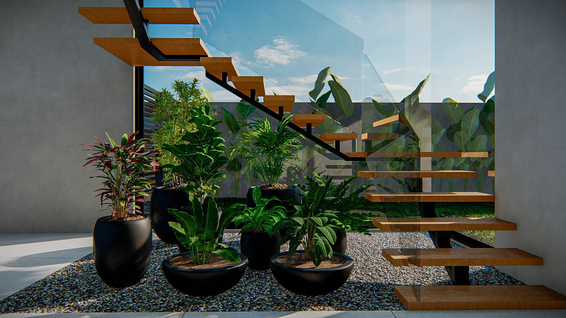 Recanto sob escada flutuante de madeira e aço, com composição de plantas tropicais em vasos pretos sobre leito de seixos e guarda-corpo de vidro