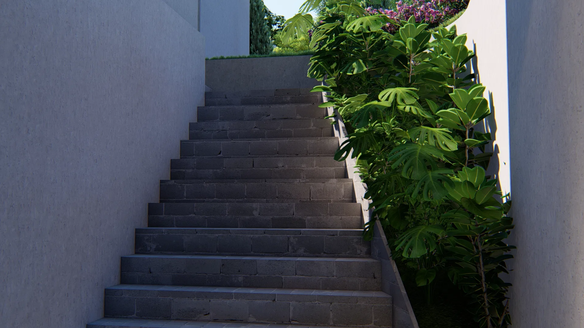 Escadaria externa de degraus em pedra cinza entre paredes brancas, ladeada por folhagem tropical e uma trepadeira florida ao alto