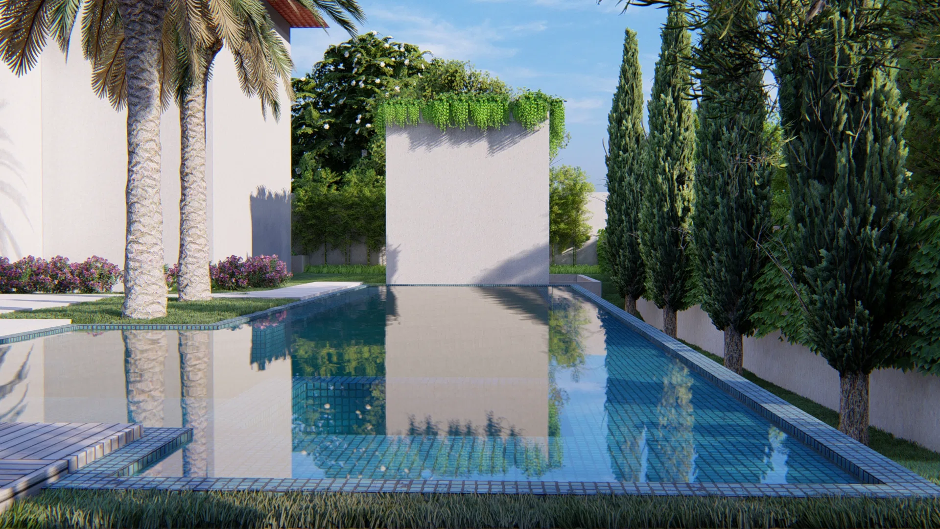 Espelho d'água diante de um volume branco coroado por jardim vertical pendente, com ciprestes e arbustos floridos em tom lilás