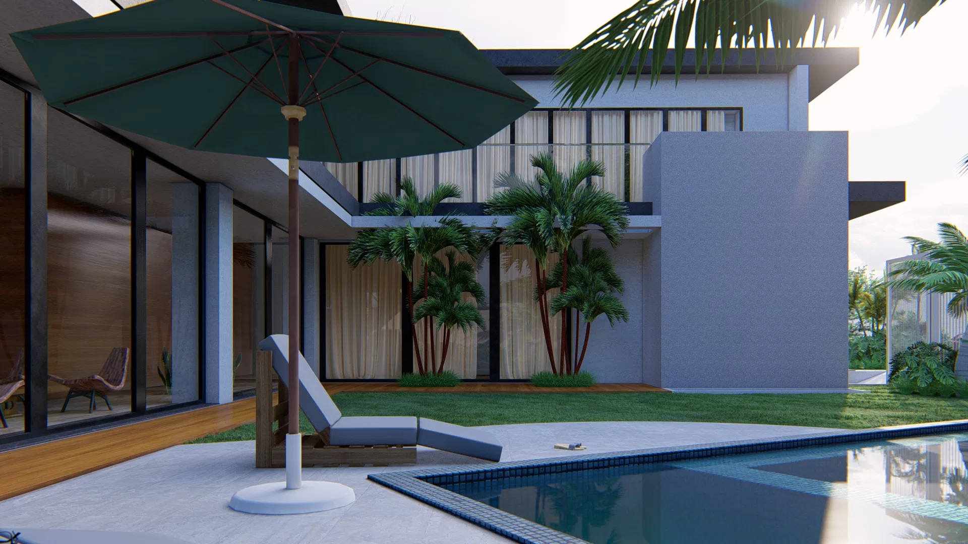 Terraço da piscina com ombrelone verde e espreguiçadeira, paredes de vidro com cortinas e conjunto de palmeiras junto ao gramado