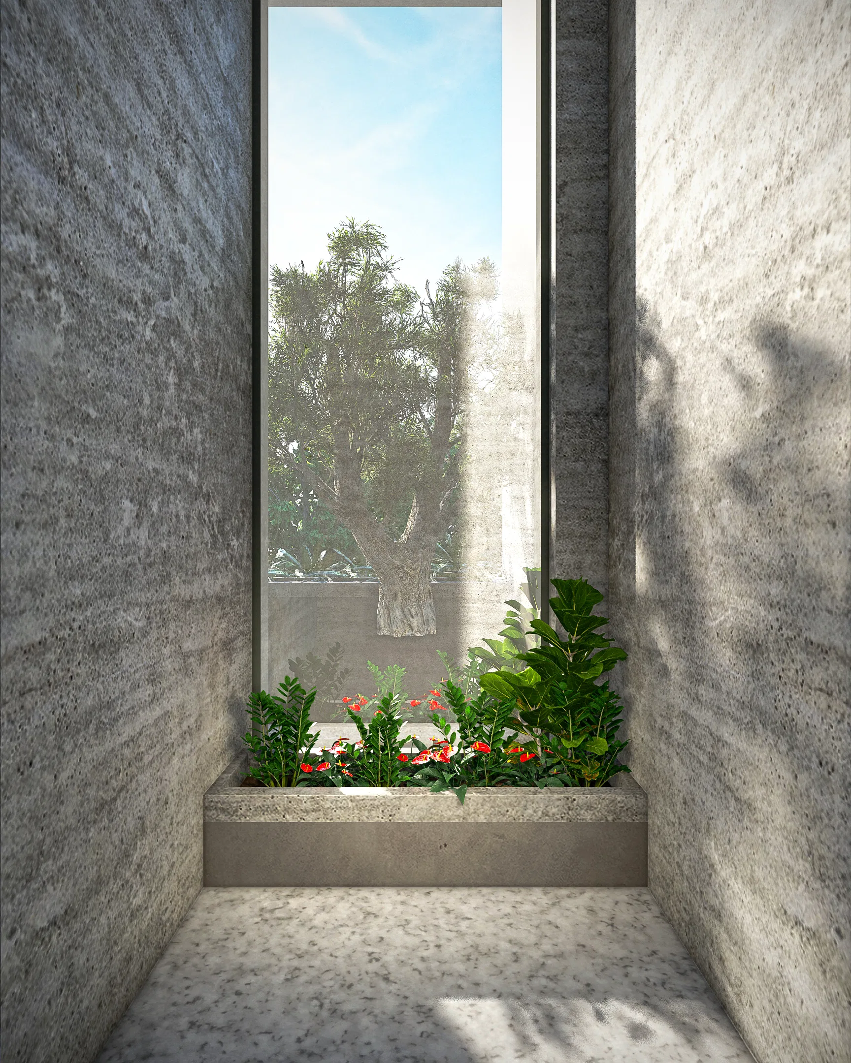Vão interno de paredes de concreto emoldurando uma janela alta, com jardineira de flores vermelhas e folhagem e uma oliveira vista do lado de fora.