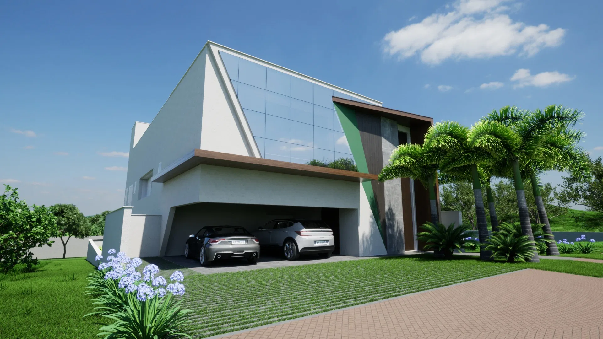 Volume angular de vidro e concreto com garagem para dois carros, agapantos floridos em primeiro plano e palmeiras à direita