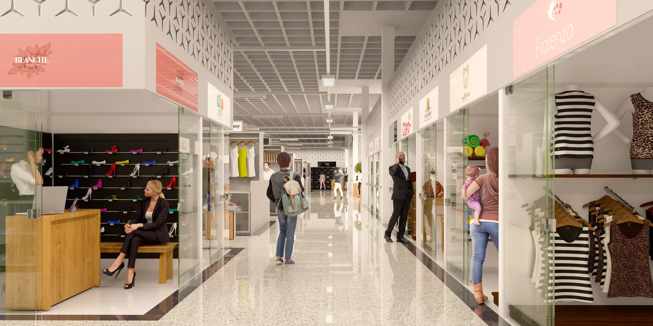Corredor interno de lojas com vitrines envidraçadas, piso polido reflexivo e teto perfurado, com clientes circulando entre as fachadas comerciais