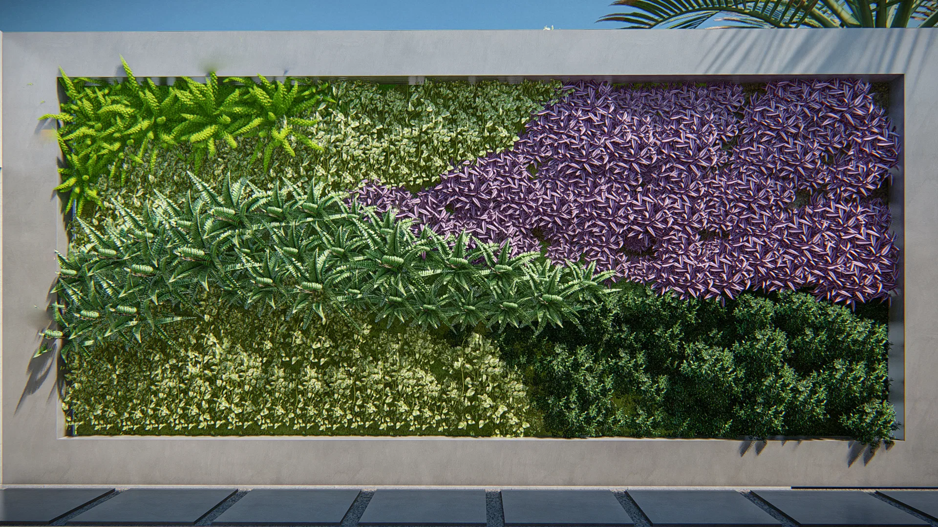 Detalhe da parede de jardim vertical com composição diagonal de folhagens verdes, roxas e amarelas em textura densa