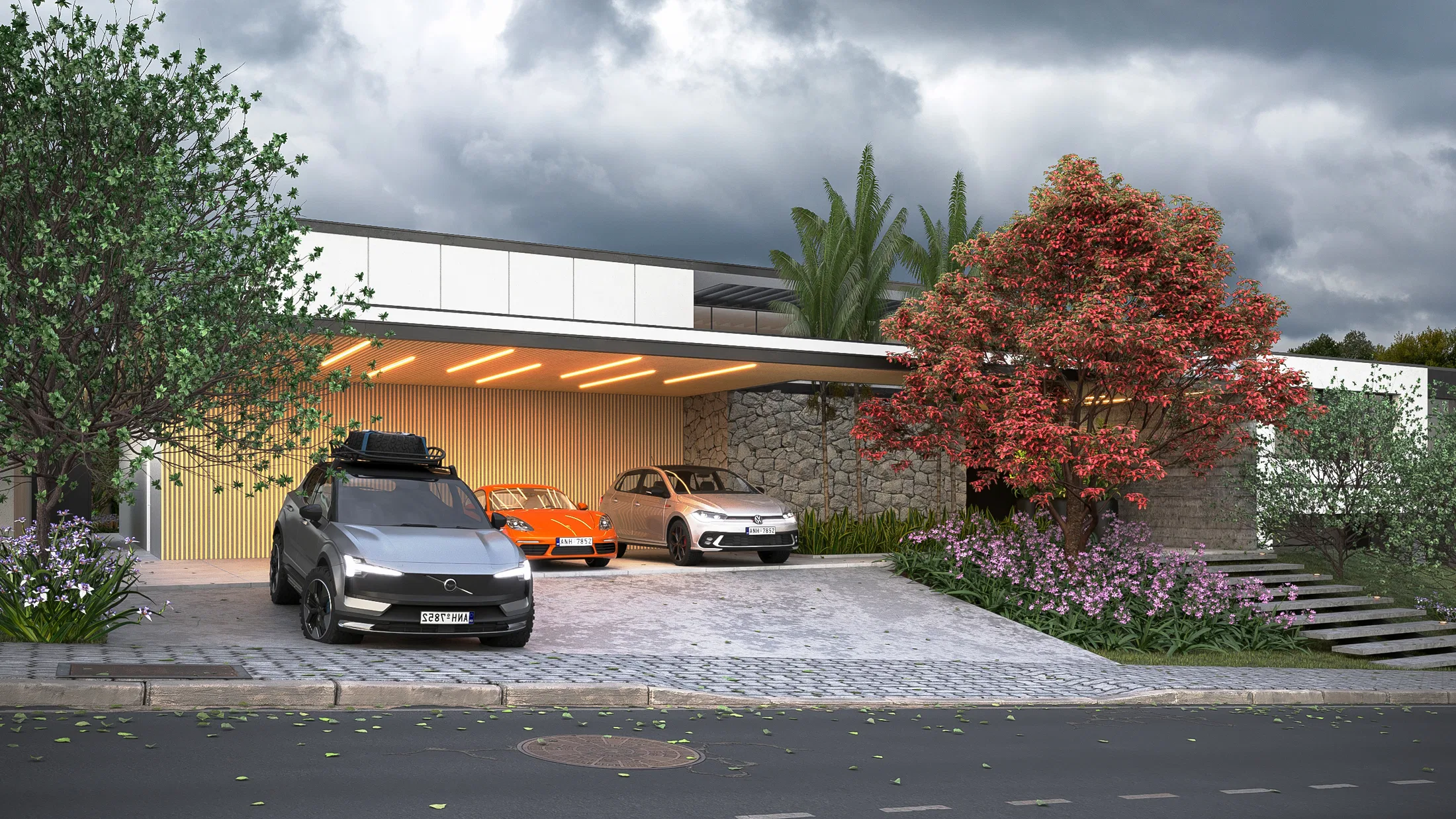 Garagem coberta com forro de madeira ripada e luzes lineares, abrigando SUV e carros esportivos sobre piso de paralelepípedo